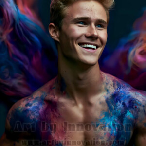 Beauty meets color in this stunning AI-generated abstract art collection. Handsome, shirtless men are enveloped from behind by vibrant, swirling translucent mists of color — inspired by the full spectrum of the rainbow, and the joyful palette of Pride. Each image combines photorealistic skin texture with surreal abstract color dynamics, creating a visual experience that is both deeply human and otherworldly. Created using AI, edited in Photoshop, by © Jeff Dupler | Art by Innovation | https://www.artbyinnovation.com