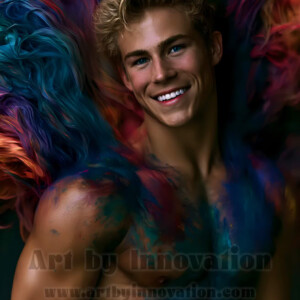 Beauty meets color in this stunning AI-generated abstract art collection. Handsome, shirtless men are enveloped from behind by vibrant, swirling translucent mists of color — inspired by the full spectrum of the rainbow, and the joyful palette of Pride. Each image combines photorealistic skin texture with surreal abstract color dynamics, creating a visual experience that is both deeply human and otherworldly. Created using AI, edited in Photoshop, by © Jeff Dupler | Art by Innovation | https://www.artbyinnovation.com