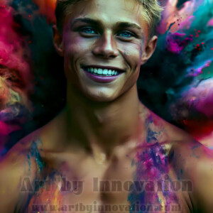 Beauty meets color in this stunning AI-generated abstract art collection. Handsome, shirtless men are enveloped from behind by vibrant, swirling translucent mists of color — inspired by the full spectrum of the rainbow, and the joyful palette of Pride. Each image combines photorealistic skin texture with surreal abstract color dynamics, creating a visual experience that is both deeply human and otherworldly. Created using AI, edited in Photoshop, by © Jeff Dupler | Art by Innovation | https://www.artbyinnovation.com