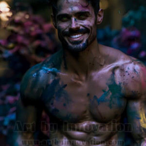 Beauty meets color in this stunning AI-generated abstract art collection. Handsome, shirtless men are enveloped from behind by vibrant, swirling translucent mists of color — inspired by the full spectrum of the rainbow, and the joyful palette of Pride. Each image combines photorealistic skin texture with surreal abstract color dynamics, creating a visual experience that is both deeply human and otherworldly. Created using AI, edited in Photoshop, by © Jeff Dupler | Art by Innovation | https://www.artbyinnovation.com