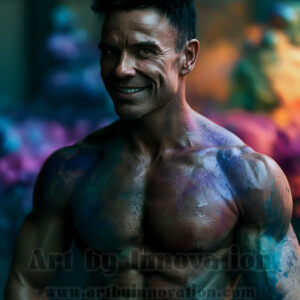 Beauty meets color in this stunning AI-generated abstract art collection. Handsome, shirtless men are enveloped from behind by vibrant, swirling translucent mists of color — inspired by the full spectrum of the rainbow, and the joyful palette of Pride. Each image combines photorealistic skin texture with surreal abstract color dynamics, creating a visual experience that is both deeply human and otherworldly. Created using AI, edited in Photoshop, by © Jeff Dupler | Art by Innovation | https://www.artbyinnovation.com