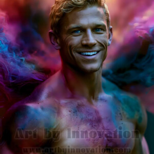 Beauty meets color in this stunning AI-generated abstract art collection. Handsome, shirtless men are enveloped from behind by vibrant, swirling translucent mists of color — inspired by the full spectrum of the rainbow, and the joyful palette of Pride. Each image combines photorealistic skin texture with surreal abstract color dynamics, creating a visual experience that is both deeply human and otherworldly. Created using AI, edited in Photoshop, by © Jeff Dupler | Art by Innovation | https://www.artbyinnovation.com