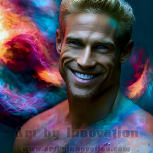 Beauty meets color in this stunning AI-generated abstract art collection. Handsome, shirtless men are enveloped from behind by vibrant, swirling translucent mists of color — inspired by the full spectrum of the rainbow, and the joyful palette of Pride. Each image combines photorealistic skin texture with surreal abstract color dynamics, creating a visual experience that is both deeply human and otherworldly. Created using AI, edited in Photoshop, by © Jeff Dupler | Art by Innovation | https://www.artbyinnovation.com