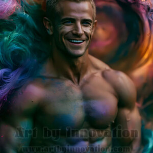 Beauty meets color in this stunning AI-generated abstract art collection. Handsome, shirtless men are enveloped from behind by vibrant, swirling translucent mists of color — inspired by the full spectrum of the rainbow, and the joyful palette of Pride. Each image combines photorealistic skin texture with surreal abstract color dynamics, creating a visual experience that is both deeply human and otherworldly. Created using AI, edited in Photoshop, by © Jeff Dupler | Art by Innovation | https://www.artbyinnovation.com
