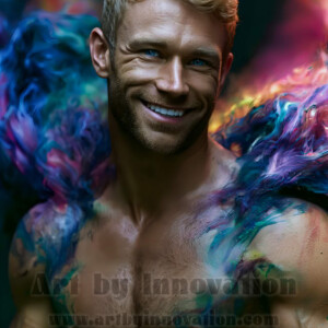 Beauty meets color in this stunning AI-generated abstract art collection. Handsome, shirtless men are enveloped from behind by vibrant, swirling translucent mists of color — inspired by the full spectrum of the rainbow, and the joyful palette of Pride. Each image combines photorealistic skin texture with surreal abstract color dynamics, creating a visual experience that is both deeply human and otherworldly. Created using AI, edited in Photoshop, by © Jeff Dupler | Art by Innovation | https://www.artbyinnovation.com
