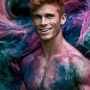 Beauty meets color in this stunning AI-generated abstract art collection. Handsome, shirtless men are enveloped from behind by vibrant, swirling translucent mists of color — inspired by the full spectrum of the rainbow, and the joyful palette of Pride. Each image combines photorealistic skin texture with surreal abstract color dynamics, creating a visual experience that is both deeply human and otherworldly. Created using AI, edited in Photoshop, by © Jeff Dupler | Art by Innovation | https://www.artbyinnovation.com