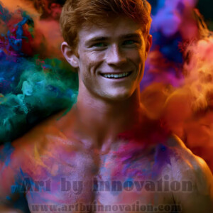 Beauty meets color in this stunning AI-generated abstract art collection. Handsome, shirtless men are enveloped from behind by vibrant, swirling translucent mists of color — inspired by the full spectrum of the rainbow, and the joyful palette of Pride. Each image combines photorealistic skin texture with surreal abstract color dynamics, creating a visual experience that is both deeply human and otherworldly. Created using AI, edited in Photoshop, by © Jeff Dupler | Art by Innovation | https://www.artbyinnovation.com
