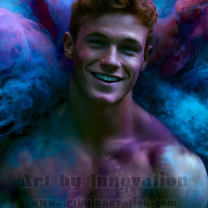 Beauty meets color in this stunning AI-generated abstract art collection. Handsome, shirtless men are enveloped from behind by vibrant, swirling translucent mists of color — inspired by the full spectrum of the rainbow, and the joyful palette of Pride. Each image combines photorealistic skin texture with surreal abstract color dynamics, creating a visual experience that is both deeply human and otherworldly. Created using AI, edited in Photoshop, by © Jeff Dupler | Art by Innovation | https://www.artbyinnovation.com