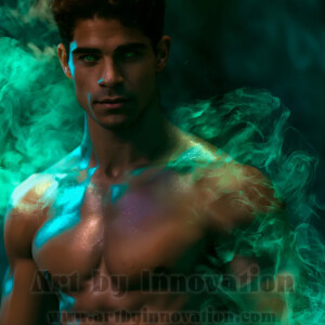 Beauty meets color in this stunning AI-generated abstract art collection. Handsome, shirtless men are enveloped from behind by vibrant, swirling translucent mists of color — inspired by the full spectrum of the rainbow, and the joyful palette of Pride. Each image combines photorealistic skin texture with surreal abstract color dynamics, creating a visual experience that is both deeply human and otherworldly. Created using AI, edited in Photoshop, by © Jeff Dupler | Art by Innovation | https://www.artbyinnovation.com