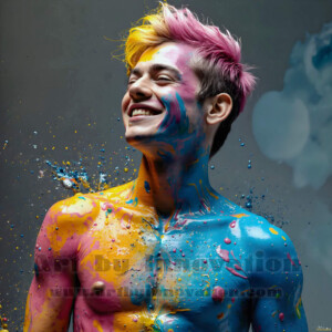 AI-generated abstract art of colorful, happy, handsome male faces covered in vibrant paint. Joy, excitement, and rainbow color in stunning digital art by Jeff Dupler.