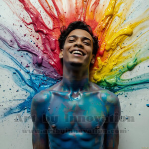 AI-generated abstract art of colorful, happy, handsome male faces covered in vibrant paint. Joy, excitement, and rainbow color in stunning digital art by Jeff Dupler.