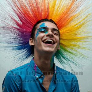AI-generated abstract art of colorful, happy, handsome male faces covered in vibrant paint. Joy, excitement, and rainbow color in stunning digital art by Jeff Dupler.