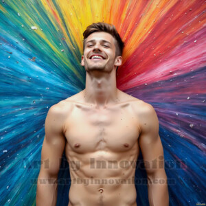 AI-generated abstract art of colorful, happy, handsome male faces covered in vibrant paint. Joy, excitement, and rainbow color in stunning digital art by Jeff Dupler.