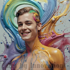 AI-generated abstract art of colorful, happy, handsome male faces covered in vibrant paint. Joy, excitement, and rainbow color in stunning digital art by Jeff Dupler.