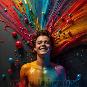 AI-generated abstract art of colorful, happy, handsome male faces covered in vibrant paint. Joy, excitement, and rainbow color in stunning digital art by Jeff Dupler.