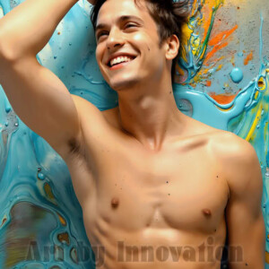 AI-generated abstract art of colorful, happy, handsome male faces covered in vibrant paint. Joy, excitement, and rainbow color in stunning digital art by Jeff Dupler.