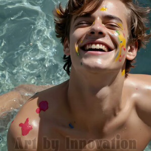 AI-generated abstract art of colorful, happy, handsome male faces covered in vibrant paint. Joy, excitement, and rainbow color in stunning digital art by Jeff Dupler.