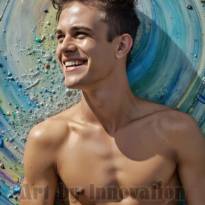 AI-generated abstract art of colorful, happy, handsome male faces covered in vibrant paint. Joy, excitement, and rainbow color in stunning digital art by Jeff Dupler.