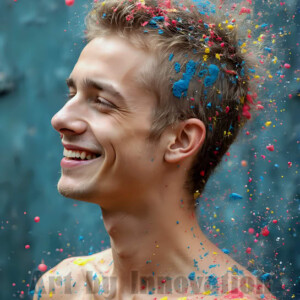 AI-generated abstract art of colorful, happy, handsome male faces covered in vibrant paint. Joy, excitement, and rainbow color in stunning digital art by Jeff Dupler.
