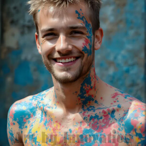 AI-generated abstract art of colorful, happy, handsome male faces covered in vibrant paint. Joy, excitement, and rainbow color in stunning digital art by Jeff Dupler.
