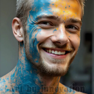 AI-generated abstract art of colorful, happy, handsome male faces covered in vibrant paint. Joy, excitement, and rainbow color in stunning digital art by Jeff Dupler.
