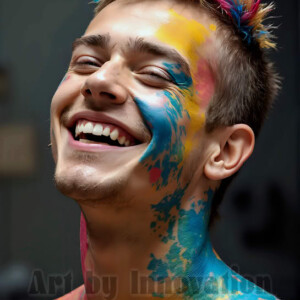AI-generated abstract art of colorful, happy, handsome male faces covered in vibrant paint. Joy, excitement, and rainbow color in stunning digital art by Jeff Dupler.