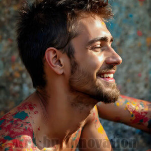 AI-generated abstract art of colorful, happy, handsome male faces covered in vibrant paint. Joy, excitement, and rainbow color in stunning digital art by Jeff Dupler.