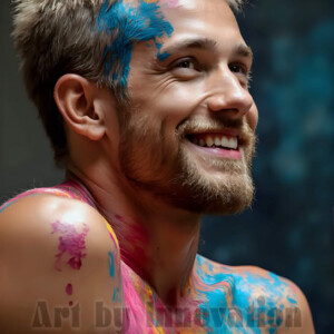 AI-generated abstract art of colorful, happy, handsome male faces covered in vibrant paint. Joy, excitement, and rainbow color in stunning digital art by Jeff Dupler.
