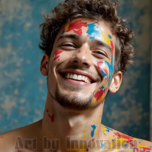 AI-generated abstract art of colorful, happy, handsome male faces covered in vibrant paint. Joy, excitement, and rainbow color in stunning digital art by Jeff Dupler.