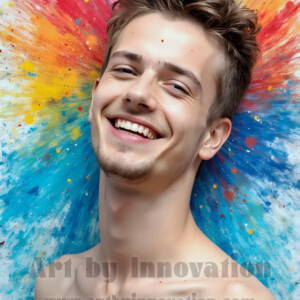 AI-generated abstract art of colorful, happy, handsome male faces covered in vibrant paint. Joy, excitement, and rainbow color in stunning digital art by Jeff Dupler.