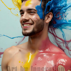 AI-generated abstract art of colorful, happy, handsome male faces covered in vibrant paint. Joy, excitement, and rainbow color in stunning digital art by Jeff Dupler.