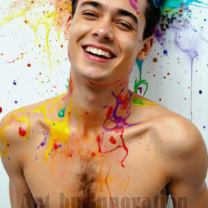 AI-generated abstract art of colorful, happy, handsome male faces covered in vibrant paint. Joy, excitement, and rainbow color in stunning digital art by Jeff Dupler.