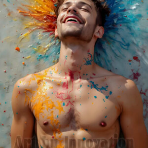 AI-generated abstract art of colorful, happy, handsome male faces covered in vibrant paint. Joy, excitement, and rainbow color in stunning digital art by Jeff Dupler.
