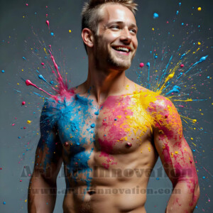 AI-generated abstract art of colorful, happy, handsome male faces covered in vibrant paint. Joy, excitement, and rainbow color in stunning digital art by Jeff Dupler.