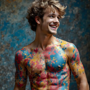 AI-generated abstract art of colorful, happy, handsome male faces covered in vibrant paint. Joy, excitement, and rainbow color in stunning digital art by Jeff Dupler.