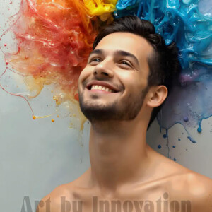 AI-generated abstract art of colorful, happy, handsome male faces covered in vibrant paint. Joy, excitement, and rainbow color in stunning digital art by Jeff Dupler.