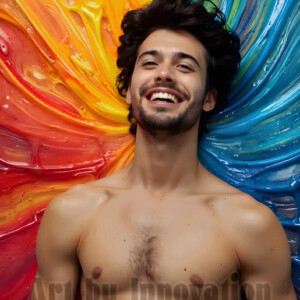 AI-generated abstract art of colorful, happy, handsome male faces covered in vibrant paint. Joy, excitement, and rainbow color in stunning digital art by Jeff Dupler.