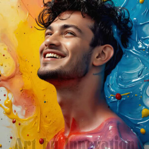 AI-generated abstract art of colorful, happy, handsome male faces covered in vibrant paint. Joy, excitement, and rainbow color in stunning digital art by Jeff Dupler.