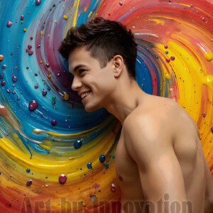 AI-generated abstract art of colorful, happy, handsome male faces covered in vibrant paint. Joy, excitement, and rainbow color in stunning digital art by Jeff Dupler.
