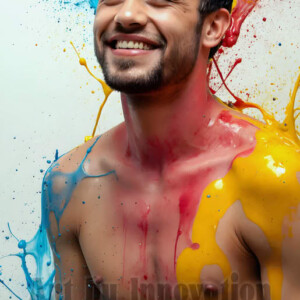 AI-generated abstract art of colorful, happy, handsome male faces covered in vibrant paint. Joy, excitement, and rainbow color in stunning digital art by Jeff Dupler.