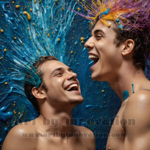 AI-generated abstract art of colorful, happy, handsome male faces covered in vibrant paint. Joy, excitement, and rainbow color in stunning digital art by Jeff Dupler.