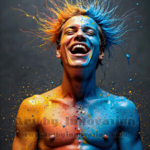 AI-generated abstract art of colorful, happy, handsome male faces covered in vibrant paint. Joy, excitement, and rainbow color in stunning digital art by Jeff Dupler.