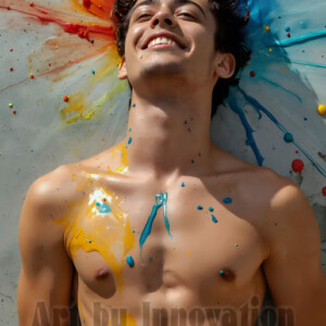 AI-generated abstract art of colorful, happy, handsome male faces covered in vibrant paint. Joy, excitement, and rainbow color in stunning digital art by Jeff Dupler.