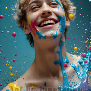 AI-generated abstract art of colorful, happy, handsome male faces covered in vibrant paint. Joy, excitement, and rainbow color in stunning digital art by Jeff Dupler.