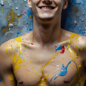 AI-generated abstract art of colorful, happy, handsome male faces covered in vibrant paint. Joy, excitement, and rainbow color in stunning digital art by Jeff Dupler.