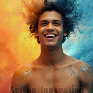 AI-generated abstract art of colorful, happy, handsome male faces covered in vibrant paint. Joy, excitement, and rainbow color in stunning digital art by Jeff Dupler.