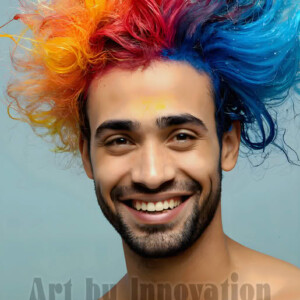 AI-generated abstract art of colorful, happy, handsome male faces covered in vibrant paint. Joy, excitement, and rainbow color in stunning digital art by Jeff Dupler.