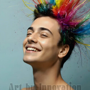 AI-generated abstract art of colorful, happy, handsome male faces covered in vibrant paint. Joy, excitement, and rainbow color in stunning digital art by Jeff Dupler.