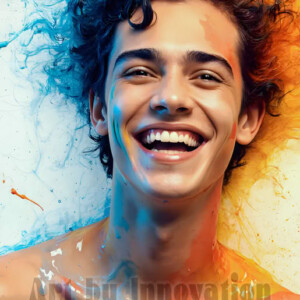 AI-generated abstract art of colorful, happy, handsome male faces covered in vibrant paint. Joy, excitement, and rainbow color in stunning digital art by Jeff Dupler.