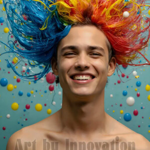 AI-generated abstract art of colorful, happy, handsome male faces covered in vibrant paint. Joy, excitement, and rainbow color in stunning digital art by Jeff Dupler.